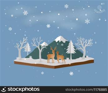 Isometric landscape with deer family in winter snow and mountain,Happy new year and Merry Christmas,paper art and craft style,vector illustration