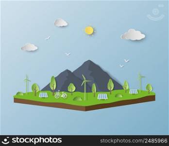 Isometric landscape with nature and eco friendly,save the environment conservation concept on paper art style,vector illustration