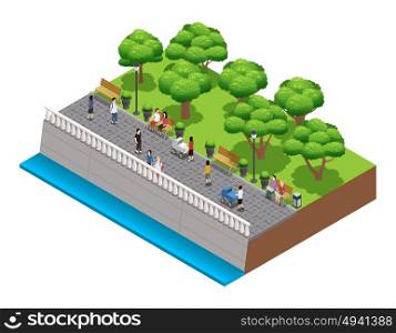 Isometric Landscaping Composition With People. Isometric landscaping composition with people walking on stone embarkment in summer vector illustration