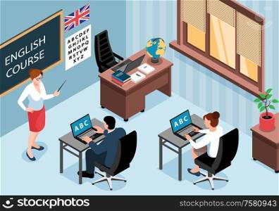 Isometric language training center horizontal composition with indoor view of classroom with teacher and students at desks vector illustration