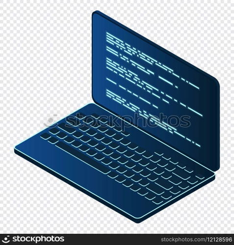 Isometric Laptop. 3d isometric laptop computer. Abstract programming language and program code on a laptop screen. Vector illustration