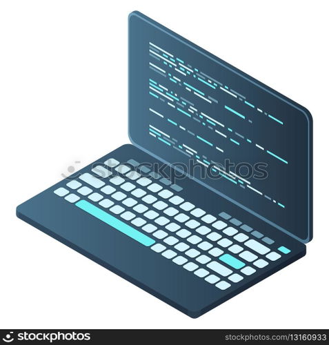 Isometric Laptop. 3d isometric laptop computer. Abstract programming language and program code on a laptop screen. Vector illustration
