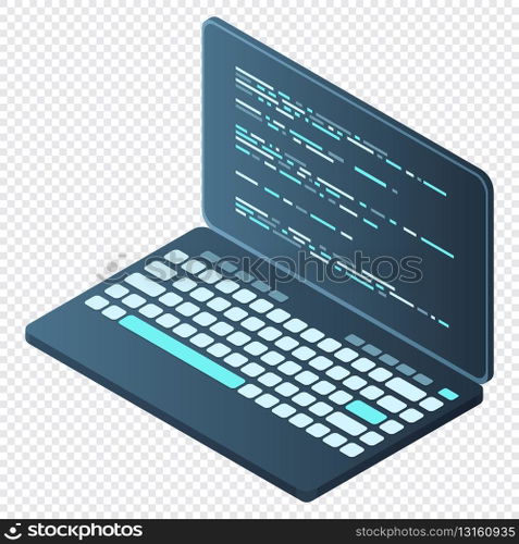 Isometric Laptop. 3d isometric laptop computer. Abstract programming language and program code on a laptop screen. Vector illustration