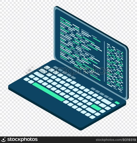 Isometric Laptop. 3d isometric laptop computer. Abstract programming language and program code on a laptop screen. Vector illustration