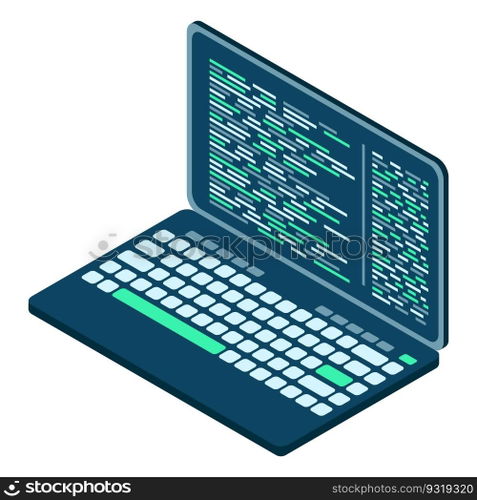 Isometric Laptop. 3d isometric laptop computer. Abstract programming language and program code on a laptop screen. Vector illustration