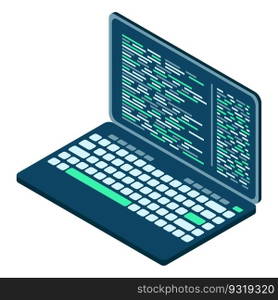 Isometric Laptop. 3d isometric laptop computer. Abstract programming language and program code on a laptop screen. Vector illustration