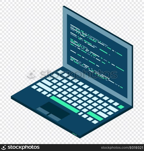 Isometric Laptop. 3d isometric laptop computer. Abstract programming language and program code on a laptop screen. Vector illustration