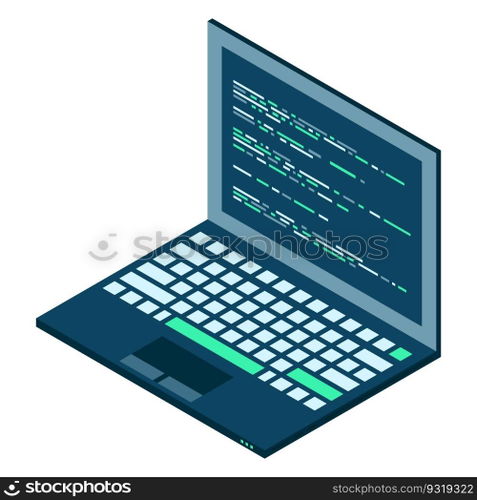 Isometric Laptop. 3d isometric laptop computer. Abstract programming language and program code on a laptop screen. Vector illustration