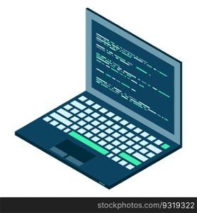 Isometric Laptop. 3d isometric laptop computer. Abstract programming language and program code on a laptop screen. Vector illustration
