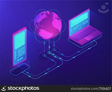 Isometric laptop and smartphone connectected with globe. Cloud operation, storage and communication technology. Big data and synchronization concept 3D isometric illustration on ultraviolet background. Isometic cloud operation concept