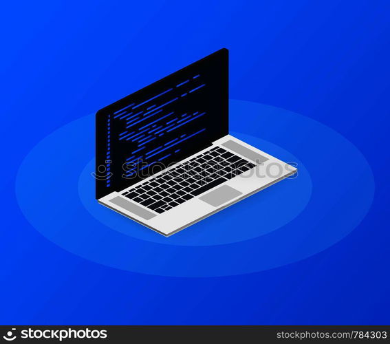Isometric laptop coding concept. Web developer, design, programming. Laptop screen code. Vector stock illustration.
