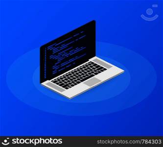 Isometric laptop coding concept. Web developer, design, programming. Laptop screen code. Vector stock illustration.