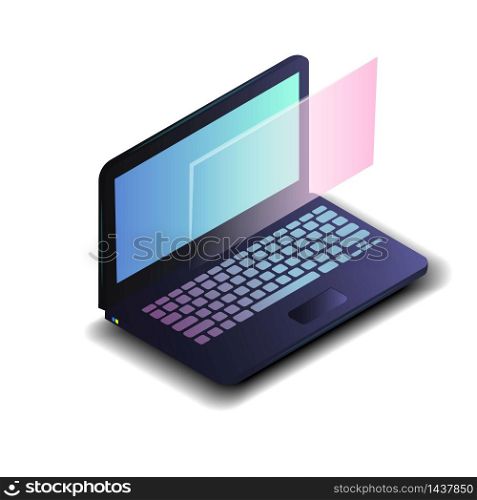 Isometric laptop with blue gradient screen isolated on white background.Realistic modern 3d computer laptop for software development, responsive web design. Vector illustration eps10. Isometric laptop with blue gradient screen isolated on white background.Realistic modern 3d computer laptop for software development, responsive web design. Vector illustration
