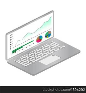 Isometric laptop with graphs and charts on the screen isolated on white. Computer with an analytical system. Vector EPS10.