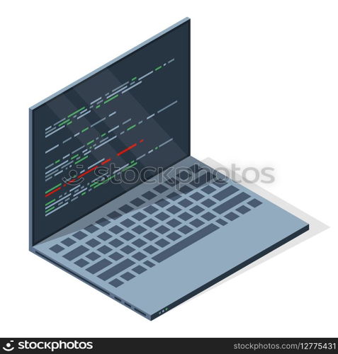 Isometric laptop with program code on screen. Programming concept. Web development. Vector illustration