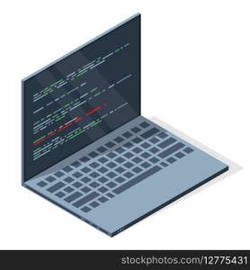 Isometric laptop with program code on screen. Programming concept. Web development. Vector illustration