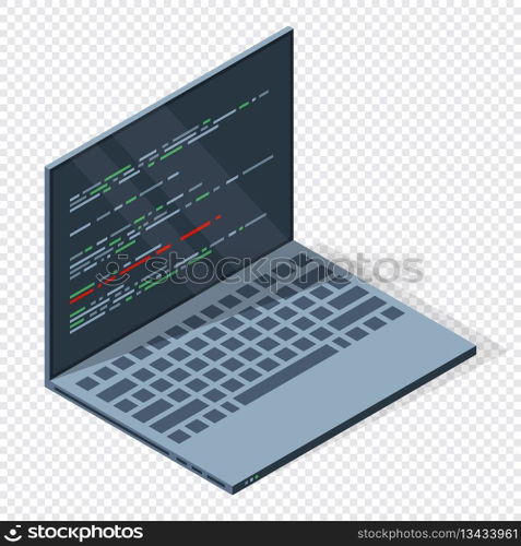 Isometric laptop with program code on screen. Programming concept. Web development. Vector illustration