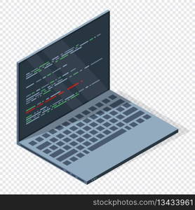 Isometric laptop with program code on screen. Programming concept. Web development. Vector illustration