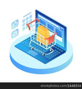 Isometric laptop with shopping cart on keypad. Open portable computer with internet browser interface on screen. Online shopping concept. Infographic vector illustration on ultraviolet background
