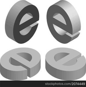 Isometric letter e. Template for creating logos, emblems, monograms. Black and white. 3D art symbol illustration