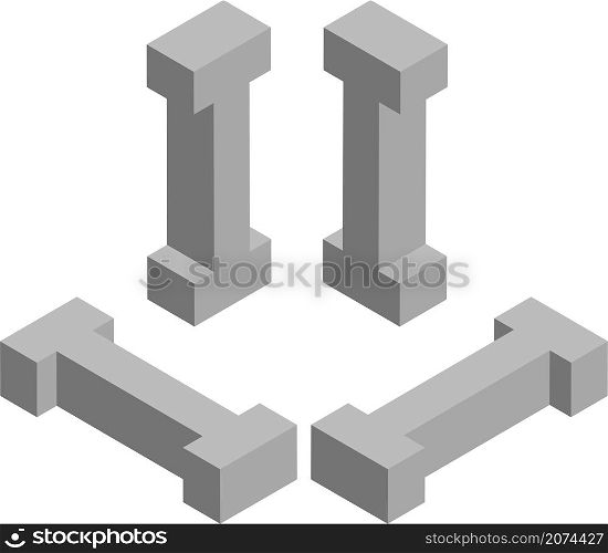 Isometric letter I. Template for creating logos, emblems, monograms. Black and white. 3D art symbol illustration