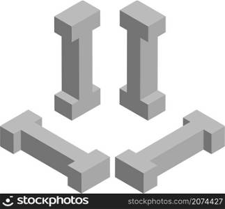 Isometric letter I. Template for creating logos, emblems, monograms. Black and white. 3D art symbol illustration