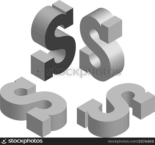 Isometric letter s. Template for creating logos, emblems, monograms. Black and white. 3D art symbol illustration