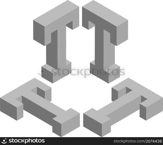 Isometric letter T. Template for creating logos, emblems, monograms. Black and white. 3D art symbol illustration