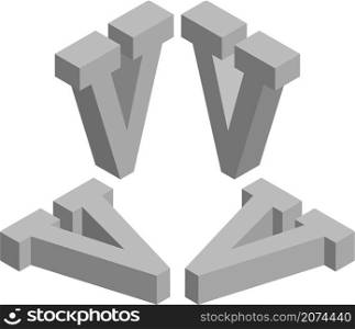 Isometric letter V. Template for creating logos, emblems, monograms. Black and white. 3D art symbol illustration