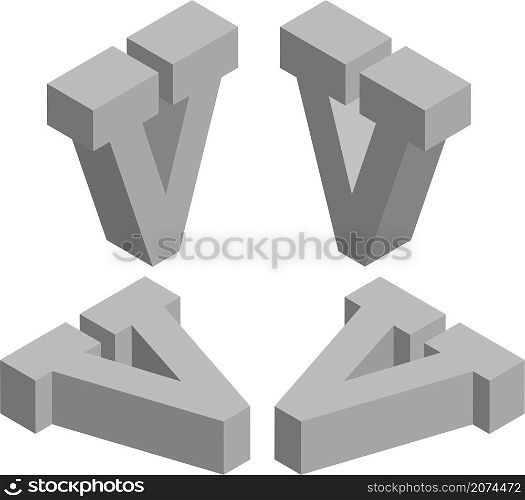 Isometric letter v. Template for creating logos, emblems, monograms. Black and white. 3D art symbol illustration