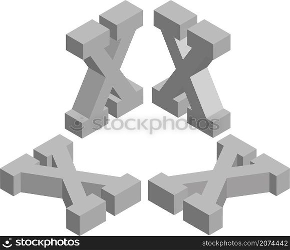Isometric letter X. Template for creating logos, emblems, monograms. Black and white. 3D art symbol illustration