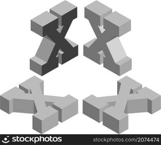 Isometric letter x. Template for creating logos, emblems, monograms. Black and white. 3D art symbol illustration