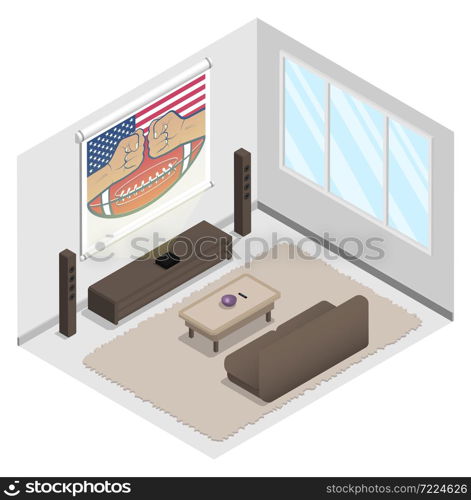 Isometric living room. Home theater with speakers and projector screen. Premium home cinema equipment. Realistic 3D vector isolated on white background