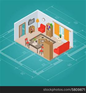 Isometric living room interior plan with 3d furniture vector illustration. Isometric Living Room Interior