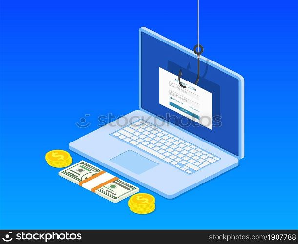 isometric Login into account and fishing hook. Internet phishing, hacked login and password.Computer internet security concept. Anti virus, spyware, malware. Vector illustration in flat style. Login into account and fishing hook.