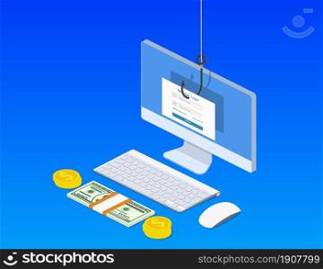 isometric Login into account and fishing hook. Internet phishing, hacked login and password.Computer internet security concept. Anti virus, spyware, malware. Vector illustration in flat style. Login into account and fishing hook.