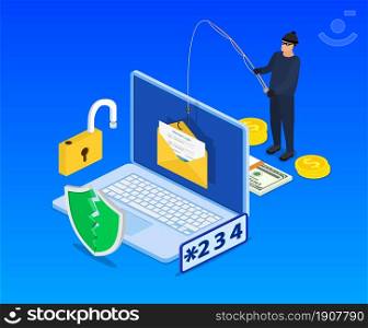 isometric Login into account in email envelope and fishing hook. Internet phishing, hacked login and password. Netwrok and internet security. Anti virus, spyware, Vector illustration in flat style. Login into account in email envelope