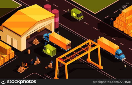 Isometric logistic composition with images of warehouse figures of people with cardboard boxes cargo trucks and cars vector illustration. Urban Stock Logistics Composition