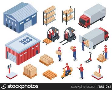 Isometric logistic delivery, distribution warehouse, transportation logistics. Courier or delivery man, cargo truck, forklift vector set. Male employee carrying packages or parcels. Isometric logistic delivery, distribution warehouse, transportation logistics. Courier or delivery man, cargo truck, forklift vector set