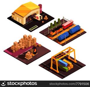 Isometric logistic design concept with set of four isolated sort facilitiy buildings appropriate for different transportation modes vector illustration. Logistic Sort Facilities Set