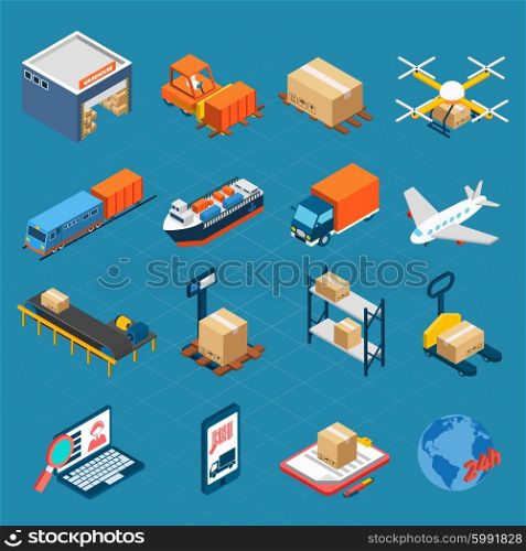 Isometric Logistic Icons. Isometric logistic icons set of water air and ground cargo transportation isolated vector illustration