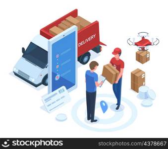 Isometric logistic, shipping service, delivery man carrying parcel. Courier brings package to client, home delivery vector illustration set. Logistics and delivery concept. Ordering products online. Isometric logistic, shipping service, delivery man carrying parcel. Courier brings package to client, home delivery vector illustration set. Logistics and delivery concept