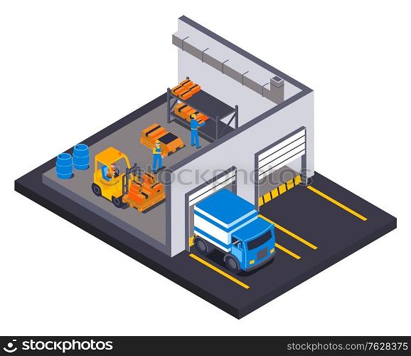 Isometric logistic warehouse delivery composition with view of storage building doors and workers departing freight truck vector illustration