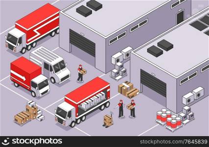 Isometric logistics composition with outdoor scenery of warehouse area with buldings parcel boxes vans and trucks vector illustration