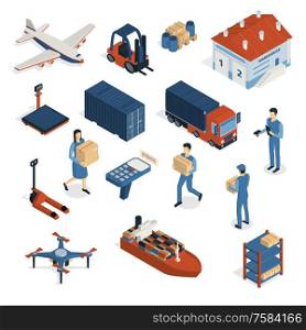 Isometric logistics delivery set of isolated images human characters parcel boxes and vehicles for fast shipping vector illustration. Shipping Isometric Icons Collection