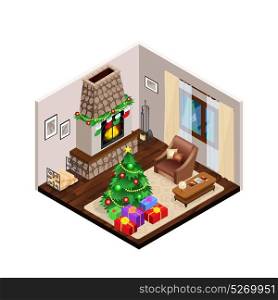 Isometric Lounge Christmas Interior With Fireplace . Lounge interior with christmas tree on light carpet and festive decorations on traditional fireplace isometric vector illustration