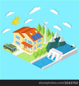 Isometric low-energy house. Wind turbine, solar panels and hydro power plant .For web design, mobile and application interface, also useful for infographics. Vector illustration.