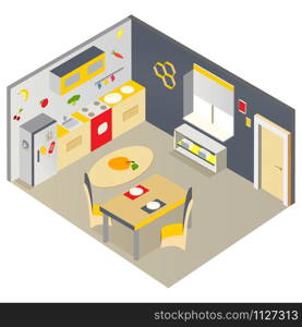 Isometric low poly kitchen interior with furniture. Bright isometric kitchen with furniture