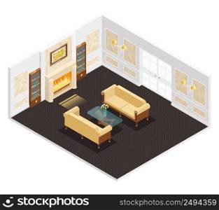 Isometric luxury interior for living room with fireplace sofas table and bookcases vector illustration. Isometric Luxury Interior