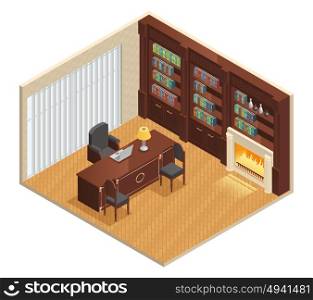 Isometric Luxury Interior. Isometric luxury interior for study with furniture laptop and decorations on white background vector illustration